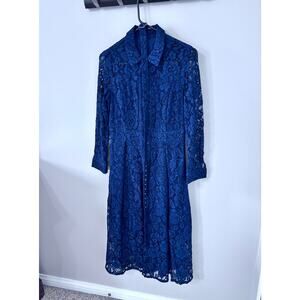EUC Queen Mulock dark navy blue midi lace dress, with pockets & belt. Medium